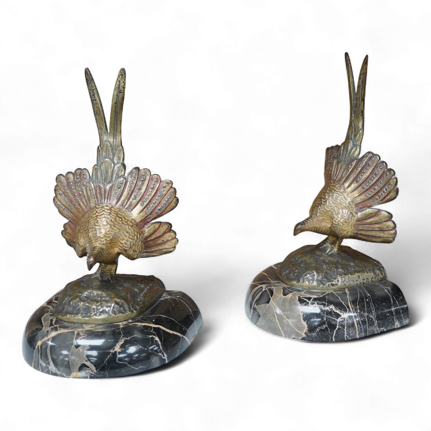 A pair of bronze peacock bookends, with remains of coloured pigments, marble plinths, signed R. Leclerc, 20cm